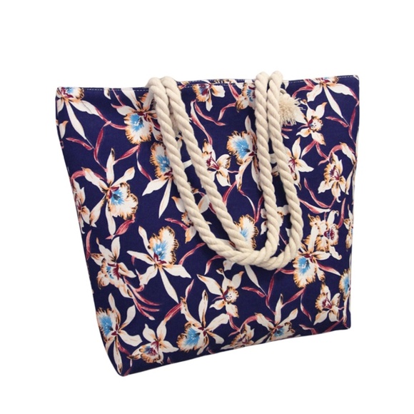 Navy Floral Beach Tote with Rope Handles – Tropical Summer Bag for Pool, Travel, - Picture 1 of 1